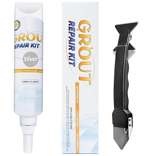 Tile Grout Repair Kit - Grout Filler, Grout Repair Paste with Silicone Trowel Scraper, Fast Drying Grout Repair Kit for Bathroom Shower Kitchen Floor Tile, Waterproof (17.64 oz, Silver)