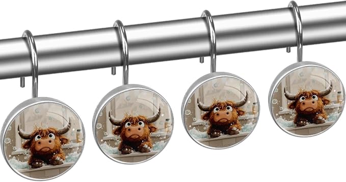12 Packs Bathing Highland Cow Shower Curtain Hooks, Stainless Steel Glass Shower Curtain Rings for Bathroom Decor, Metal Rustproof Curtain Rod Hooks