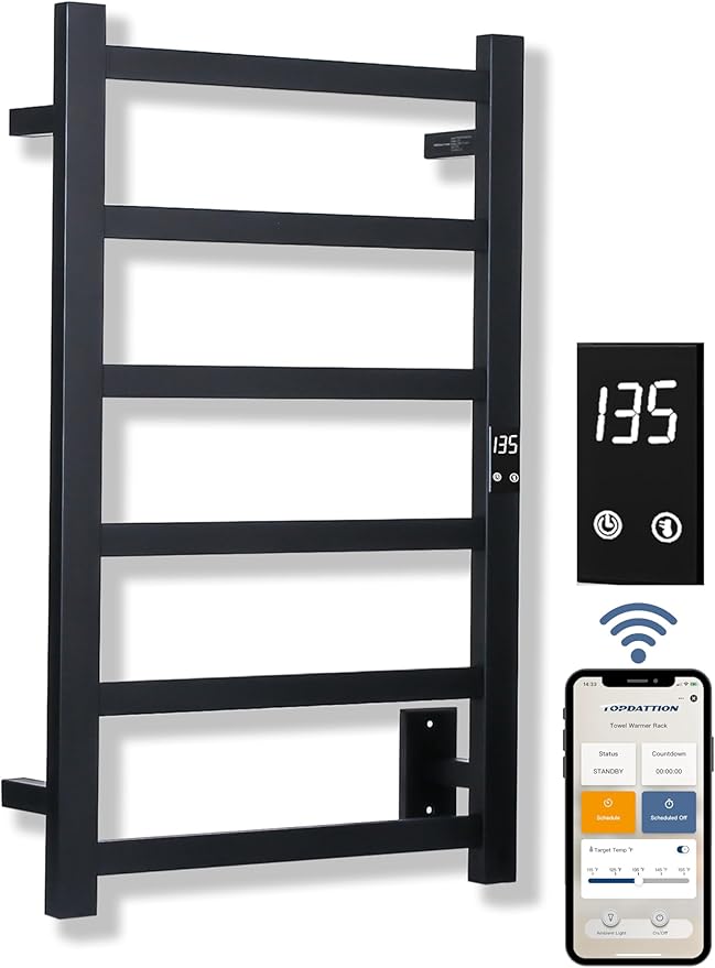 Smart Wireless Electric Towel Warmer | Blade Thin 6 Bar Design | Hardwired & Plug-in | Alexa & Google Home Compatible | Matte Black Finish
