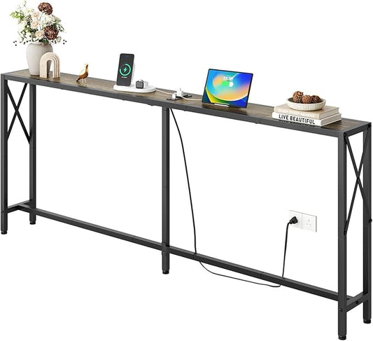 70" Sofa Tables Narrow Long, Behind Couch Table with Oulets & USB Ports, Industrial Long Skinny Stand for Entryway,Hallway, Living Room, Bedroom 7.9" D x 70" W x 30.3" H