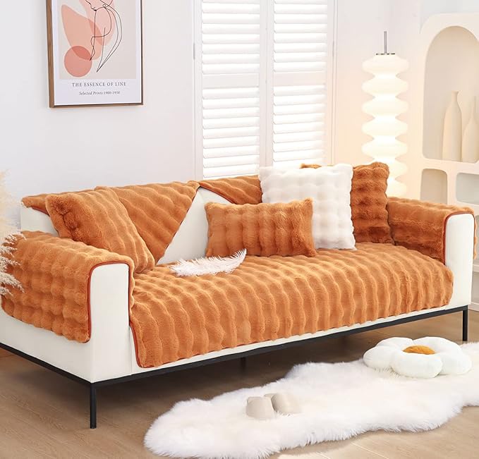 Soft Warm Faux Fur Couch Sofa Cover Thick Shaggy Fuzzy Sectional Couch Cover Non-Slip Solid Color Plush Sofa Slipcover Furniture Protector for Kids, Pets (Dark Orange,36"x36")