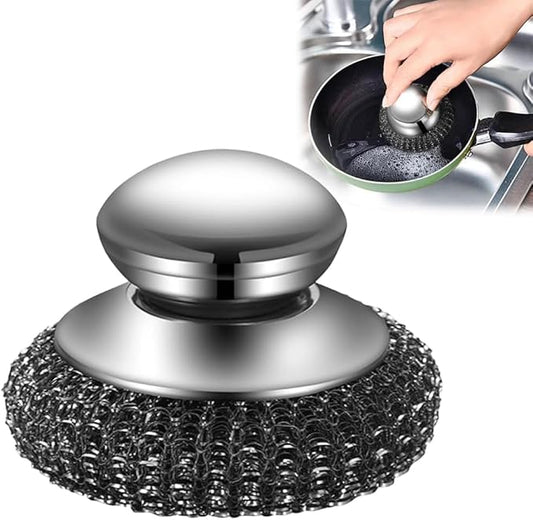 2025 New Stainless Steel Wool Scrubber with Handle, Heavy Duty Scrubber Detachable Metal Steel Scrubber Wool Pads for Cleaning Dishes, Cast Iron Pots, Stoves, Kitchen Sink (1 Pcs)