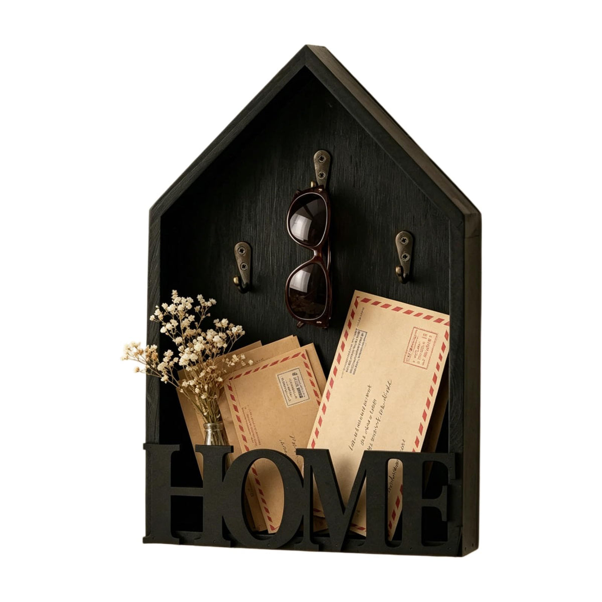 Key Holder Wall Mount, Wooden Key and Mail Organizer with Hooks - Image 1