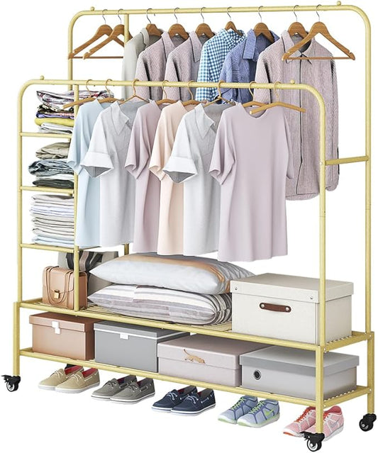 SUOERNUO Garment Rack for Hanging Clothes Rack Heavy Duty Portable with Bottom Metal Shelf Drying Coats Shirt,Black (Gold+Double Rods+Shelf)