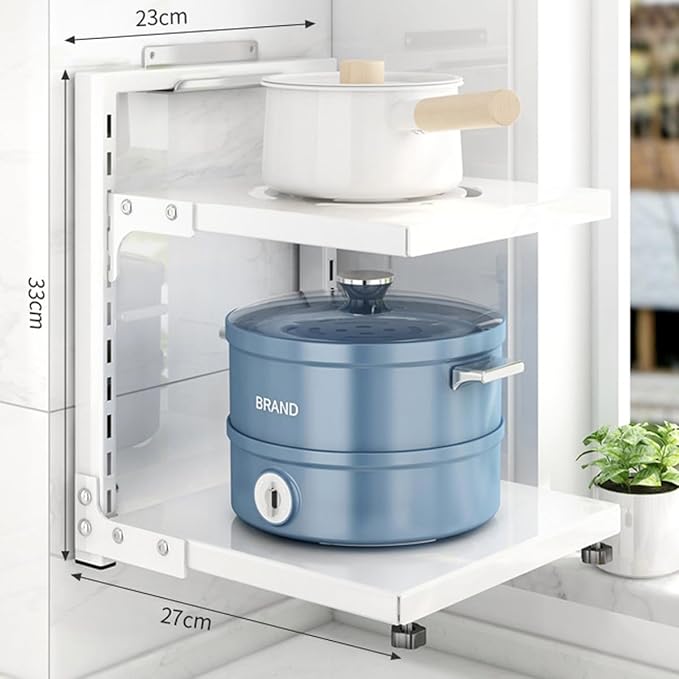 Pots and Pans Organizer for Cabinet White Adjustable 2 Tier Pot Organizer Rack Under Sink or Floating Shelf Heavy Duty Kitchen Storage Organizers Pot Lid Organizer