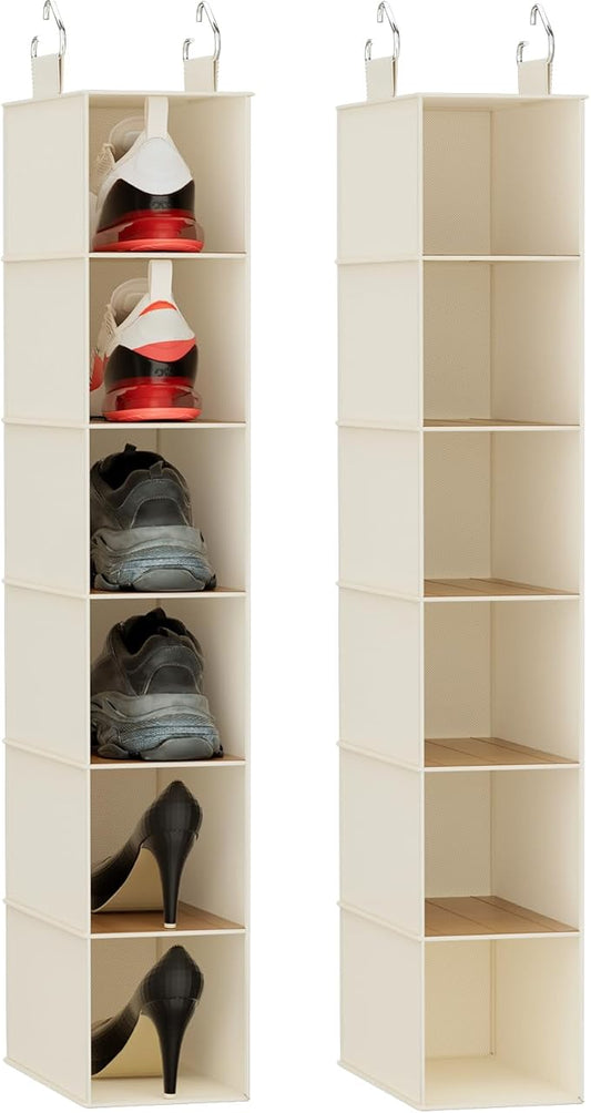VERONLY Hanging Closet Shelf Shoe Organizer Set of 2 with Woven Bamboo Shelves,11.5 x 31.5 x 5.5 in, 6-Tier Design for Space-Saving Storage,Beige