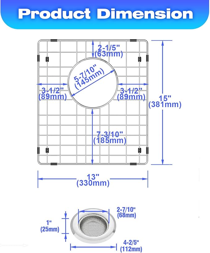 15"x13" Sink Grate for Bottom of Kitchen Sink, Stainless Steel Sink Protectors for Kitchen Sink with Rear Drain, Sink Rack for Bottom of Sink with Sink Strainers, for Right Angle Sink
