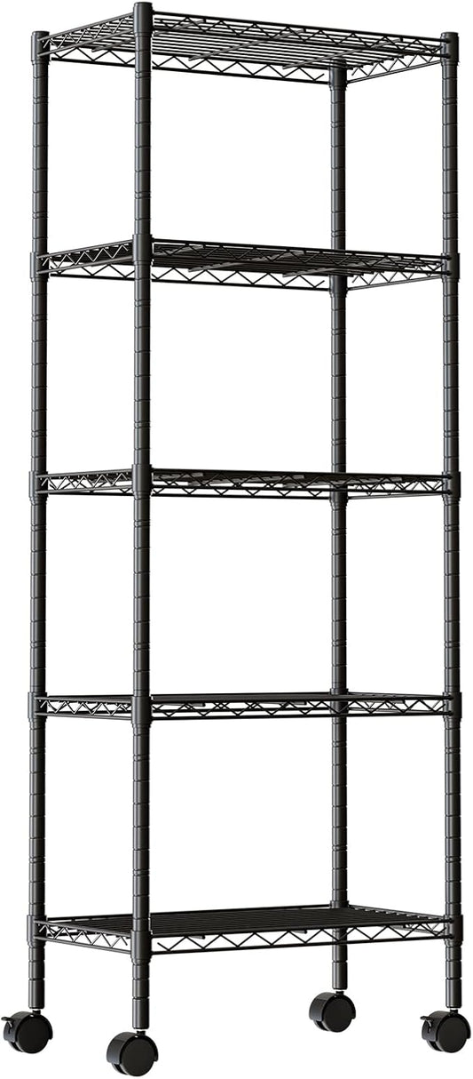 DUMOS Industrial 5 Level Grid Storage Rack ，Mobile Metallic Shelving System with Lockable Wheels， Multi-Purpose Cabinet for Workshop, Culinary Space, Storeroom, Washroom & Restroom Black