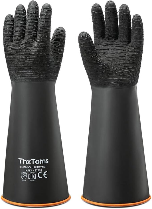 ThxToms Heavy Duty Rubber Gloves, Industrial Chemical Resistant Gloves Waterproof Reusable Protective Work Gloves for Cleaning, Dishwashing,Upgraded with Non-Slip Design, Black, 18" 1 Pair