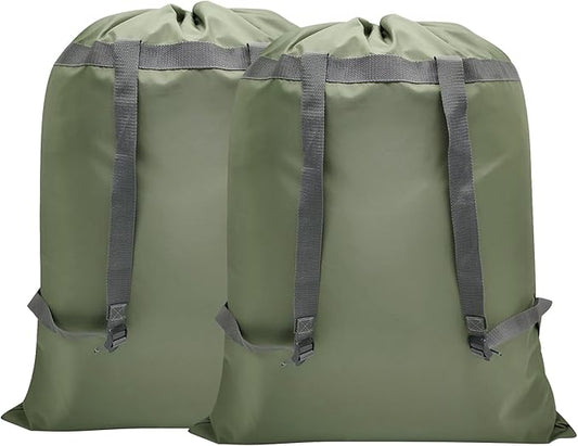 2 Pack Laundry Bag Backpack, 27” x 34”Sturdy Laundry Bag with Shoulder Straps Drawstring Closure Heavy Duty Foldable Laundry Backpack for College, Travel, Laundromat, Apartment (Army Green)