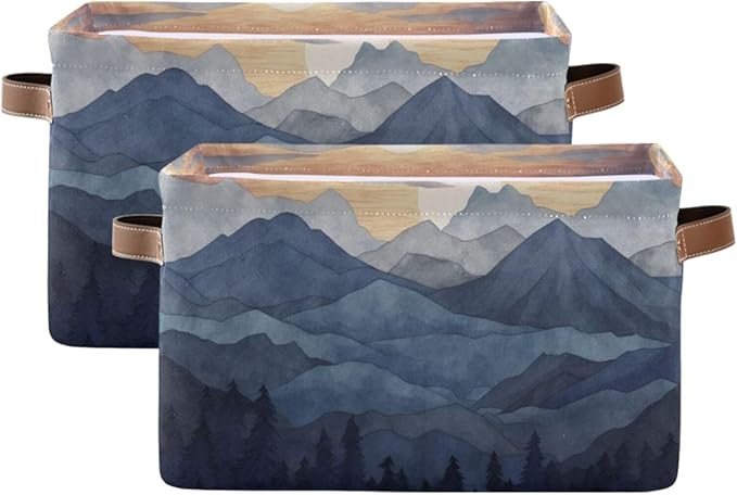 Storage Basket Nature Mountain Rectangular Collapsible Canvas Shelves Storage Bins with Leather Handles for Shelves Home Closet Bedroom Living Room, 1Pack
