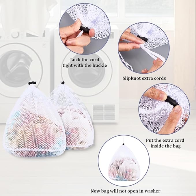 CRASPIRE 2Pcs 2 Styles Drawstring Laundry Mesh Bag White Polyester Rectangle Locking Closure Handy Oxford Dirty Clothes Large Heavy Duty Pouch for Apartment Dorm Washing Machine Travel Garment