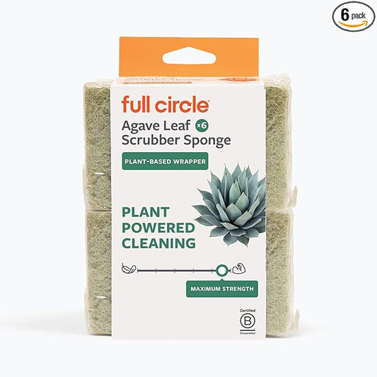 Full Circle Heavy Duty Scrubber Sponge – Robust Agave Leaf & Plastic-Free Cellulose – Dual-Sided Dish Sponge for Cast Iron, Grill Grates & Oven Racks, 6 Pack