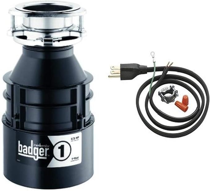 InSinkErator Garbage Disposal, Badger 1, Standard Series, 1/3 HP Continuous Feed, Black + INSINKERATOR Garbage Disposal 3-Foot Power Cord Installation Kit for Standard Series (Badger) Disposer, CRD-00