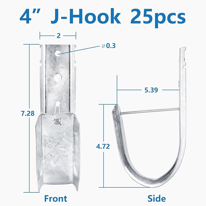 SIHAI (25 Packs 4” Inch J-Hooks, UL Certified Heavy-Duty Cable Support Hooks for Hanging CAT6/6A, Fiber Cable Management and Low Voltage Wiring (with Retainer Clip)