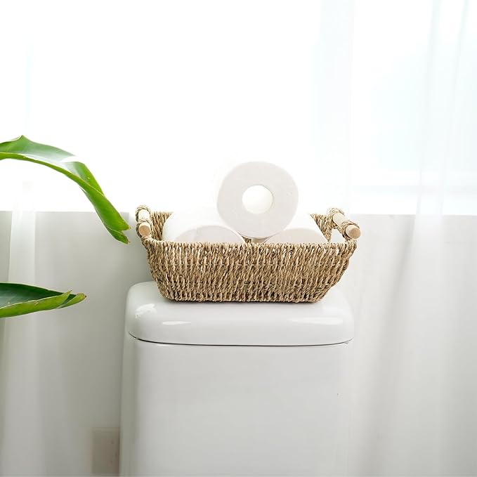 Small Wicker Baskets for Organizing, Hand Woven Seagrass Baskets with Wooden Handles, Decorative Woven Baskets for Storage, Pantry, Bathroom & Shelves, 2-Pack