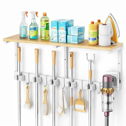 Upgraded Broom Holder Wall Mount with Shelf, Mop and Broom - Image 1