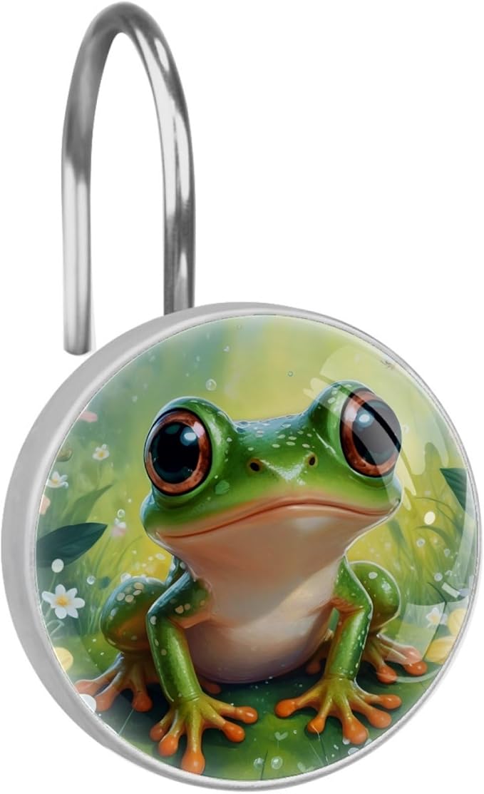 12 Packs Cute Frog Shower Curtain Hooks, Stainless Steel Glass Shower Curtain Rings for Bathroom Decor, Metal Rustproof Curtain Rod Hooks