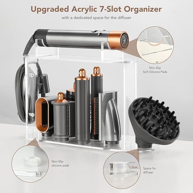 7-Hole Storage Holder for Dyson Airwrap – Upgraded Acrylic Stand Organizer for Long Barrels & Diffuser Nozzles, Countertop Holder for Airwrap Styler Accessories for Bathroom Vanity Makeup Table