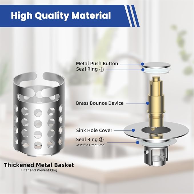Universal Bathroom Sink Drain Strainer Hair Catcher 4PCS Upgraded with Removable Stainless Steel Filter Basket, 3 in 1 Pop Up Sink Stopper for 1.1''~2.36'' Sink Basin Hole, Chrome