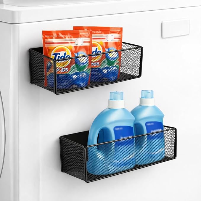 2 Pack Magnetic Shelf for Washing Machine, Laundry Room Organization and Storage accessories, Magnetic Spice Racks for Refrigerator ,Metal Storage Baskets for Laundry ,Kitchen,Room Shelves(Black)