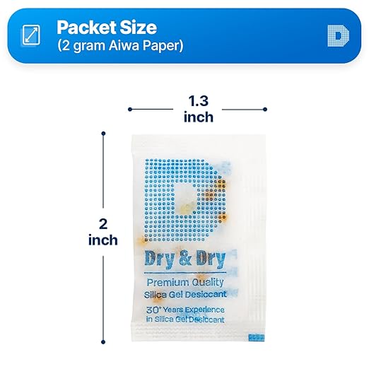 Dry & Dry 2 Gram [100 Packets] Orange Indicating Silica Gel Packets Desiccants - Food Safe Silica Packs, Silica Gel, Silica Packets, Desiccant Packs for Food Storage