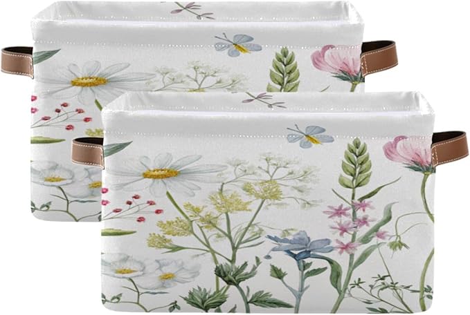 xigua Storage Basket Elegant Wildflowers Storage Bin with Handle, Large Storage Cube Collapsible for Shelves Closet Bedroom Living Room 2PCS