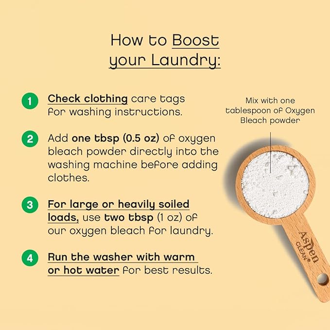 AspenClean Unscented Oxygen Bleach Powder | Color Safe Laundry Stain Remover | Bleach Alternative | EWG Verified™, Hypoallergenic, Non-Toxic | 45 Loads