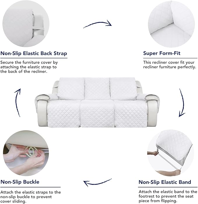 PureFit Water Resistant Reversible Sofa Covers for Reclining Sofa 3 Seat - Non Slip Split Recliner Couch Cover for 3 Cushion Couch, Washable Furniture Protector for Kids, Dogs (3 Seat, White/White)