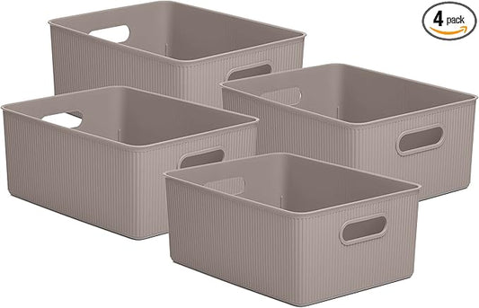Decorative Plastic Basket Open Home Storage Bins Organizer, Large Taupe (4 Pack) Container Boxes for Organizing Closet Storage Bins for Shelves Drawer Shelf - Ribbed Collection 15 Liter/16 Quart