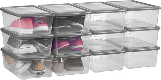 Clear Shoe Boxes Plastic Storage Bins with Latching Lid Rectangular Storage Boxes Durable See-Through Lidded Shoe Boxes for Art Supplies and Home (Grey)