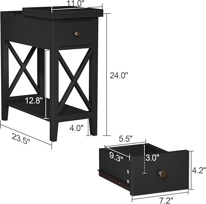 ChooChoo End Table Set of 2, Flip Top Narrow End Table with Drawer, Accent Small Side Table Nightstand for Living Room, Bedroom, and Small Spaces, Blcak