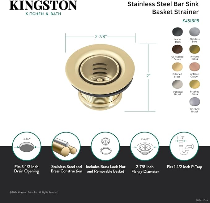 Kingston Brass K451BPB Portland Stainless Steel Bar Sink Basket Strainer, Polished Brass