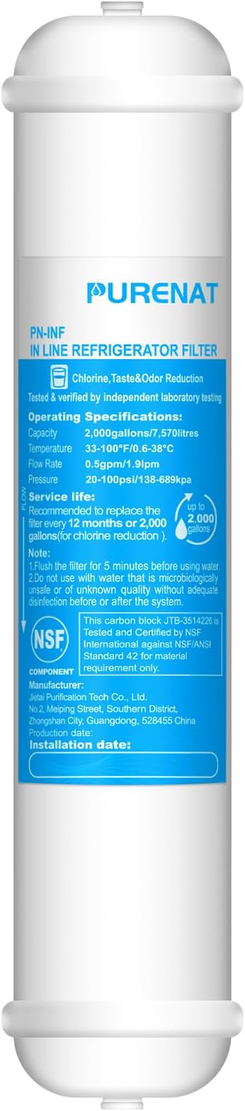 Inline Water Filter for Refrigerator and Ice Maker(1 Pack),1/4" Push Connect Post Carbon Filter Replacement for Reverse Osmosis Water System