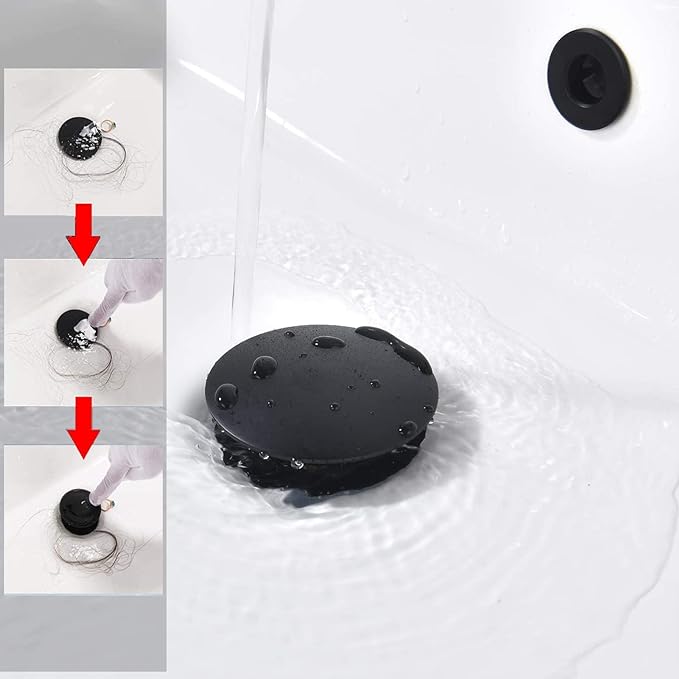 Bathroom Sink Drain,2 Pack Drain Stopper Bathroom Sink with Overflow,Pop Up Drain Assembly with Detachable Strainer Basket,Built-in Anti-Clogging Strainer,Stainless Steel Mattle Black
