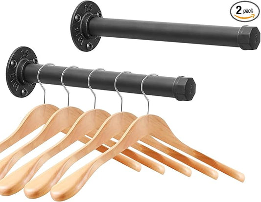 Cast Iron Wall Mounted Clothes Rack, Heavy Duty Industrial Pipe Clothing Rack for Hanging Clothes, Garment Racks for Wardrobe Organizers and Storage, DIY Closet Rods Closet Bar (Black 2 Pack, 12 in)