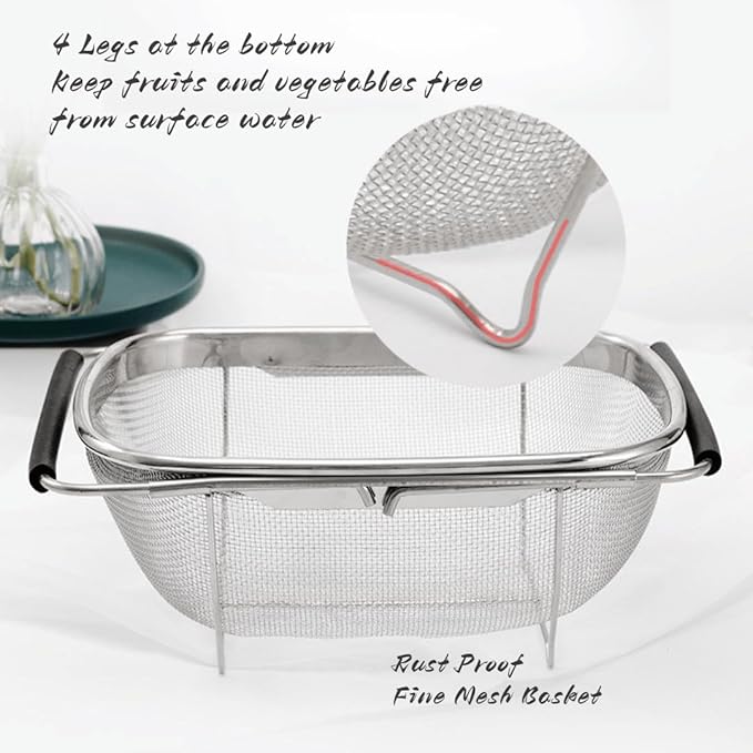 4qt Stainless Steel Oval Strainer Basket Colander, Over The Sink Colander Fine Mesh Expandable, Colander For Kitchen Sink, Vegetables, Strain, Drain, Rinse Fruits (6 Quart Strainer Basket)