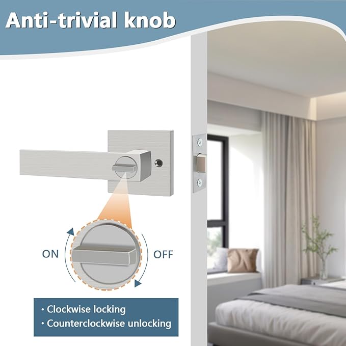 KAMOTA Privacy Door Levers, 10 Pack Satin Nickel Door Handles Bed and Bath Door Locks Interior Keyless Locksets, Left and Right Hand Reversible