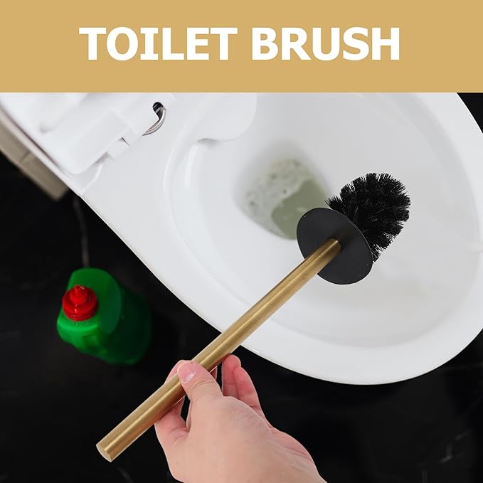 Operitacx Stainless Steel 304 Toilet Brush and Holder Set, Round Gold Bathroom Toilet Bowl Brush with Base and 3 Replacement Heads, Bathroom Cleaning Accessory for Home Use