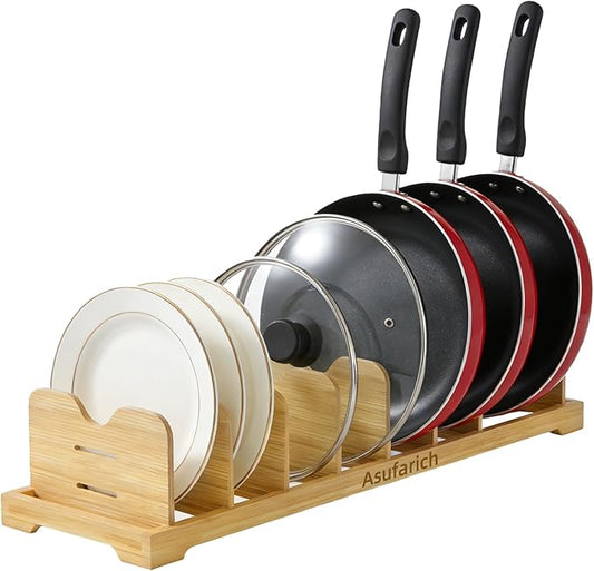 Pots and Pans Organizer Under Cabinet, Cutting Board/Baking Sheets Storage Rack, Adjustable Bamboo Pot Lid Holder, Pot Lid Organizer Inside Cabinet, Pot and Pan Organizers(Natural)