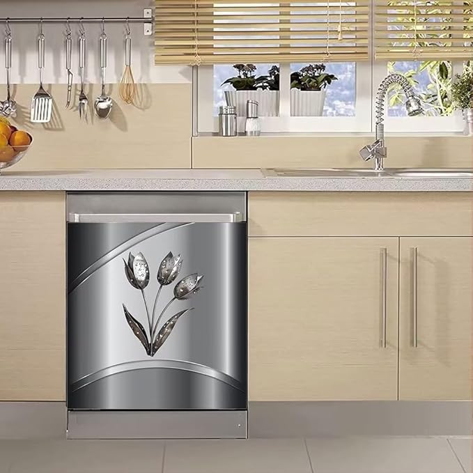Gray Metallic Flower Pattern Magnet Dishwasher Cover Stainless Steel Magnetic Cover, Kitchen Dishwasher Door Magnet Cover Panel Refrigerator Decortive Sticker (23" x 26" Magnetic)