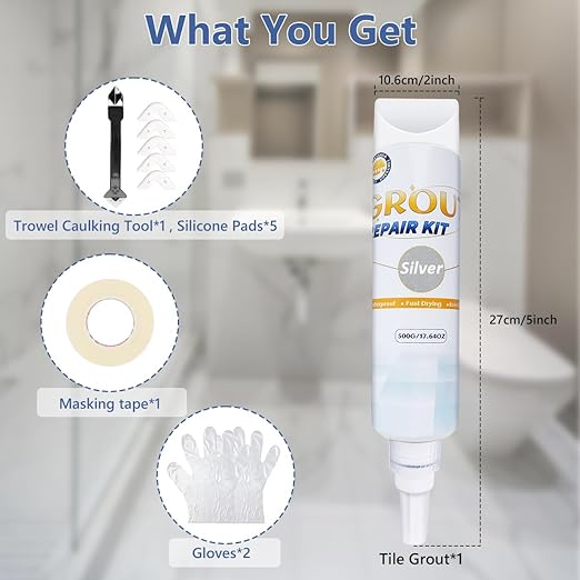 Tile Grout Repair Kit - Grout Filler, Grout Repair Paste with Silicone Trowel Scraper, Fast Drying Grout Repair Kit for Bathroom Shower Kitchen Floor Tile, Waterproof (17.64 oz, Silver)