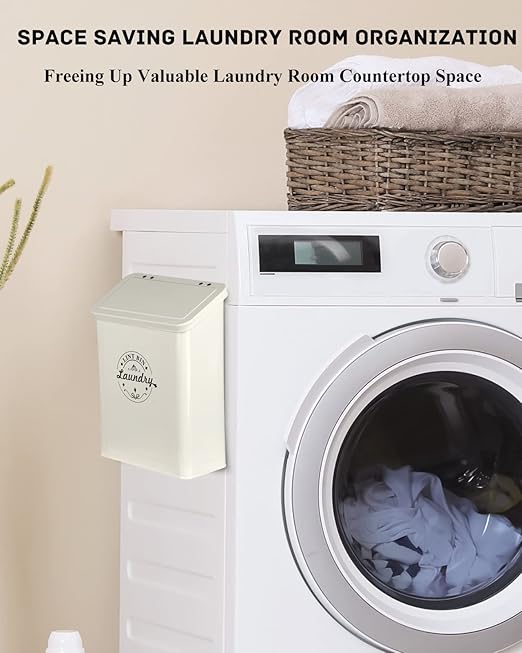 Magnetic Lint Bin for Laundry Room Organization and Storage with Brush, Wall-Mounted Dryer Lint Bin for Room Decor, Space-Saving Trash Can (Cream)
