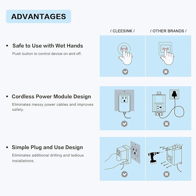 Garbage Disposal Switch, Cordless Air On Off Kit for Food Waste Disposer, Stainless Steel Polished, LONG 3.5" Sink Top Push Button by CLEESINK