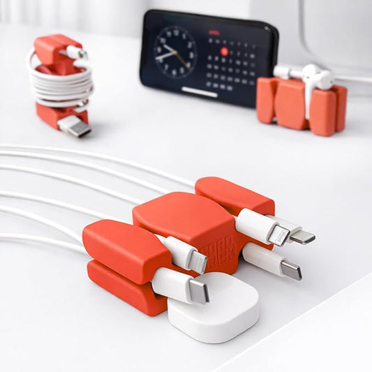 CordBrick Stocking Stuffers for Adults Cord Management Weighted Cord Holder Cable Wrap Phone Stand - Multiuse Gadget Organizer for Nightstand, Desk. Gift for Men, Durable Silicone. 2pk Coral