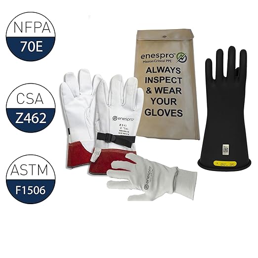 Enespro Class 2 Black Rubber Voltage Insulating Glove Premium Kit with FR Knit Glove and Leather Protectors, Max. Use Voltage 17,000V AC/ 25,500V DC (KITGC2B12AG)