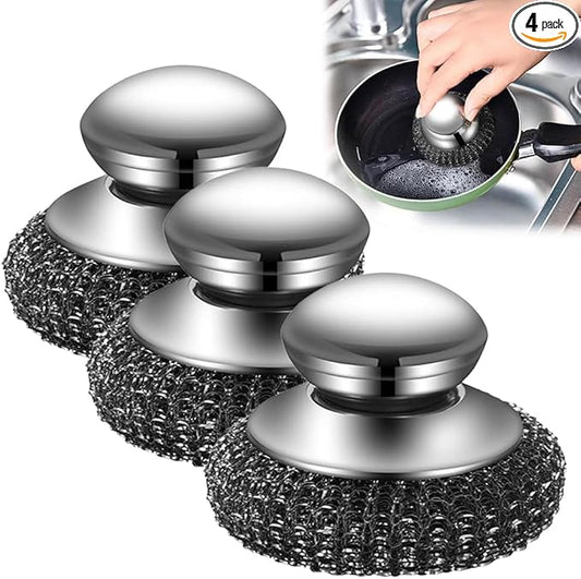2025 New Stainless Steel Wool Scrubber with Handle, Heavy Duty Scrubber Detachable Metal Steel Scrubber Wool Pads for Cleaning Dishes, Cast Iron Pots, Stoves, Kitchen Sink (3 Pcs)