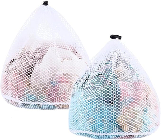 CRASPIRE 2Pcs 2 Styles Drawstring Laundry Mesh Bag White Polyester Rectangle Locking Closure Handy Oxford Dirty Clothes Large Heavy Duty Pouch for Apartment Dorm Washing Machine Travel Garment