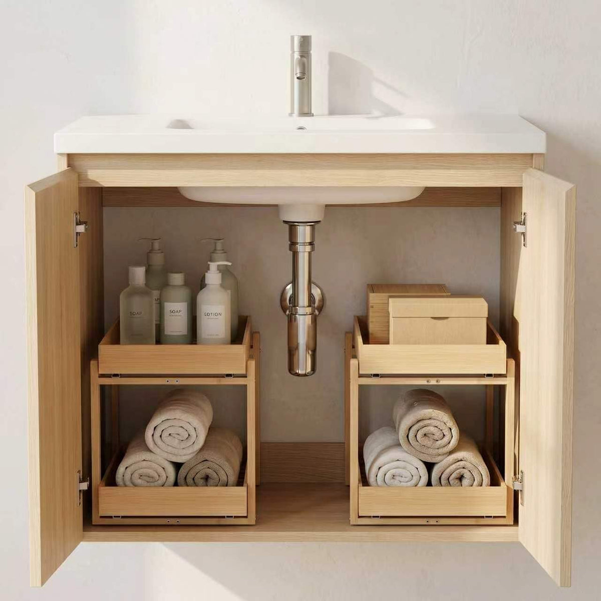 Bamboo Under Sink Organizer Adjustable Height 2 Tier Bathroom - Image 1