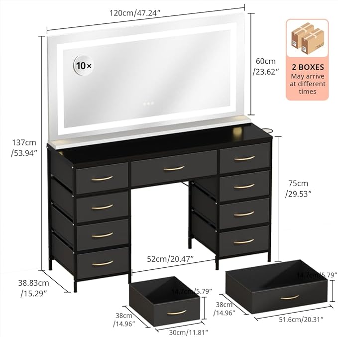 COMHOMA Vanity Desk with Large Mirror,LED and Power Outlet,Makeup Table with 9 Storage Drawersand HD Mirrors,3 Color Modes Adjustable Lighting for Bedroom Dressing Room (Black, 47inch)
